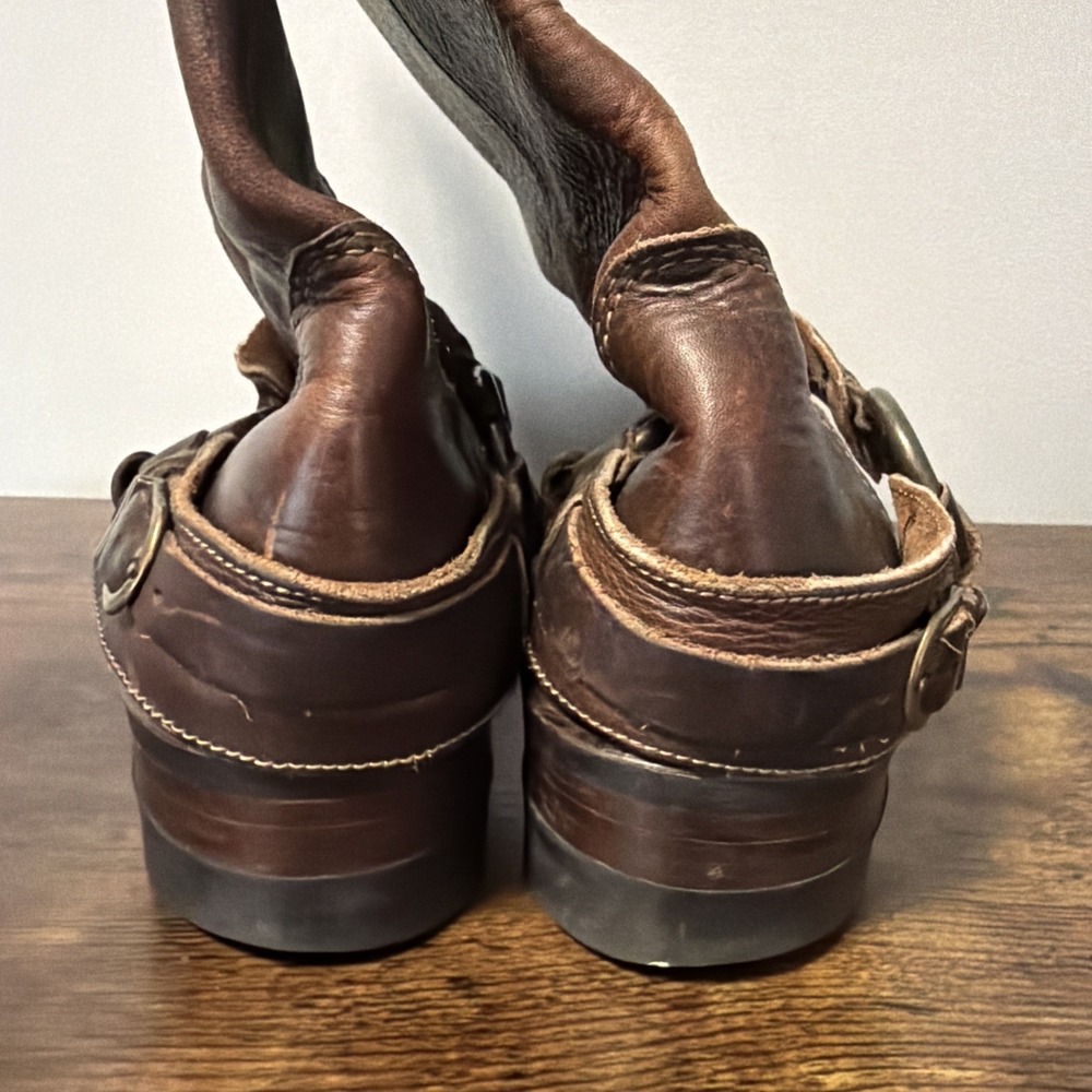 FRYE Brown Leather Belted Harness 12R Mid-Calf Boots, Square Toe Buckle, Sz 9M - Picture 6 of 10